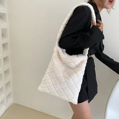 Retro Women Plush Rhombus Shoulder Bags Large Capacity Soft Fluffy Fur Tote Bags