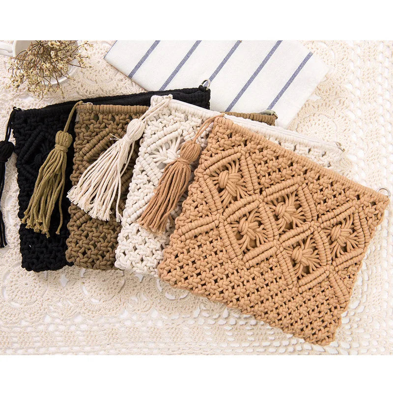 Retro Women Purse Crossbody Bag Cotton Rope Woven Tassel Clutch Bag