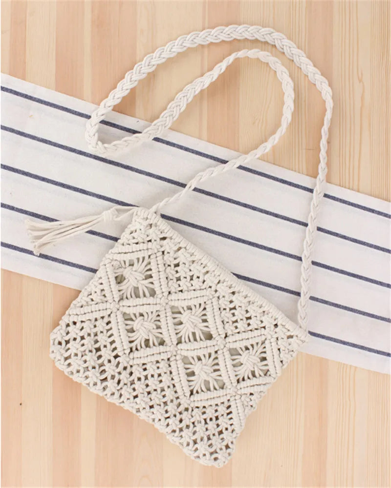 Retro Women Purse Crossbody Bag Cotton Rope Woven Tassel Clutch Bag