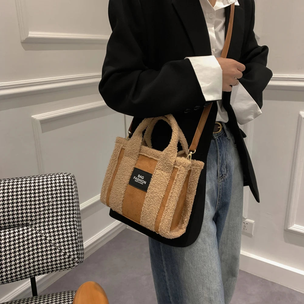 Vintage Retro Fleece Shoulder Bag Winter Handbag Square Tote