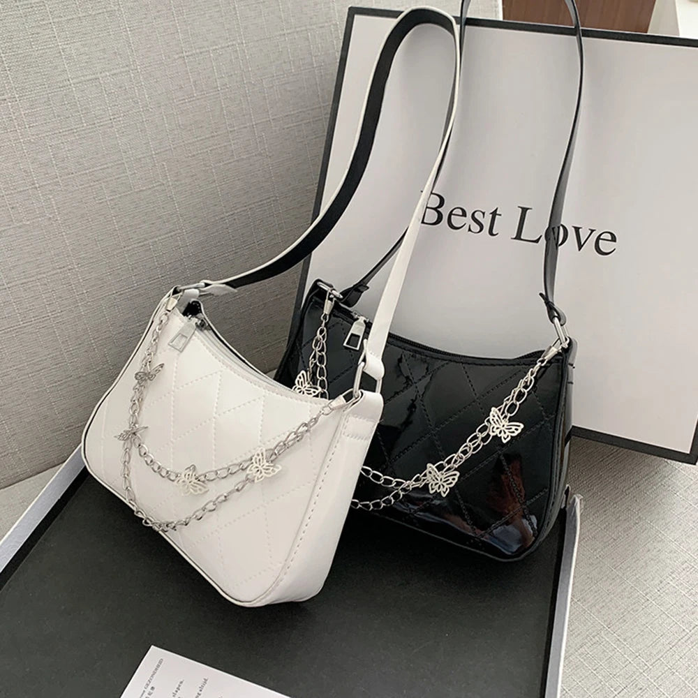Retro Women Shoulder Underarm Bag Pu Leather Butterfly Chain Zipper Crossbody Ba