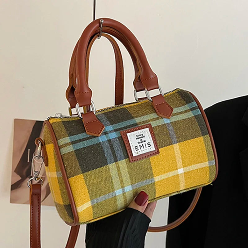 Retro Women Small Canvas Handbags Lady Yellow Shoulder Bag Plaid Suede Boston Ba