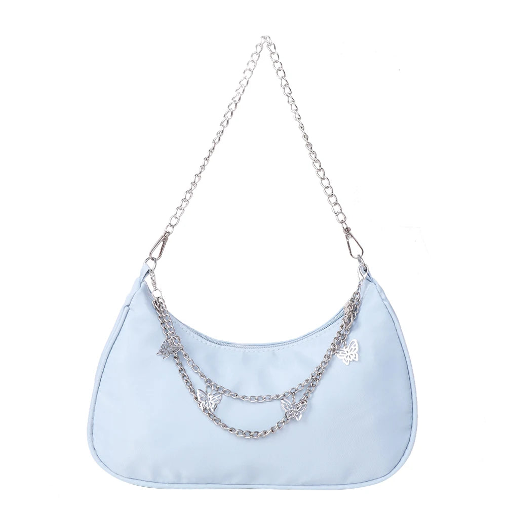 Mini Shoulder Bag Women Hobos Handbag Purse, Retro Solid Chain Butterfly