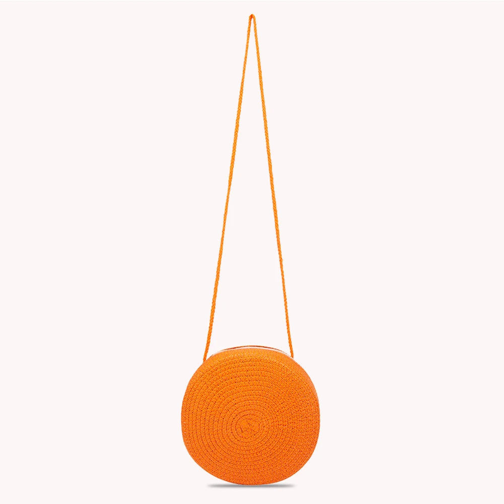 Retro Women Straw Woven Round Crossbody Bag Chain Purse