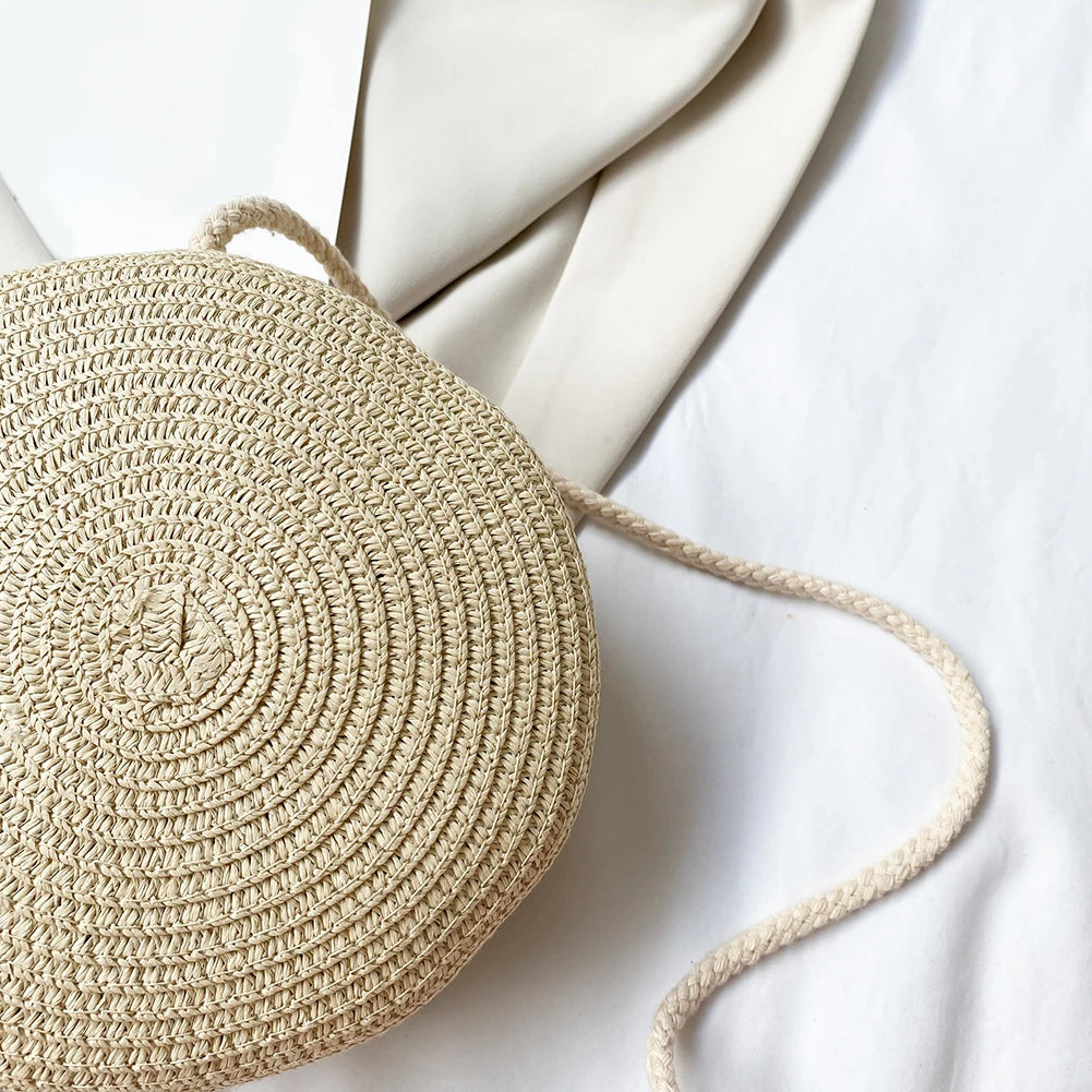 Retro Women Straw Woven Round Crossbody Bag Chain Purse