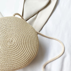 Retro Women Straw Woven Round Crossbody Bag Chain Purse