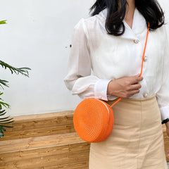 Retro Women Straw Woven Round Crossbody Bag Chain Purse