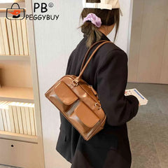 Retro Women Tote Bag Double Pocket PU Leather Shoulder Handbags