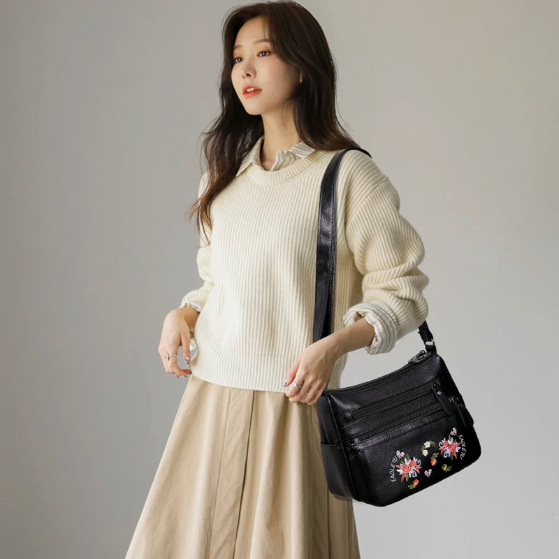 Vintage Embroidery Crossbody Bag PU Leather Shoulder Bag for Women