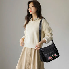 Vintage Embroidery Crossbody Bag PU Leather Shoulder Bag for Women