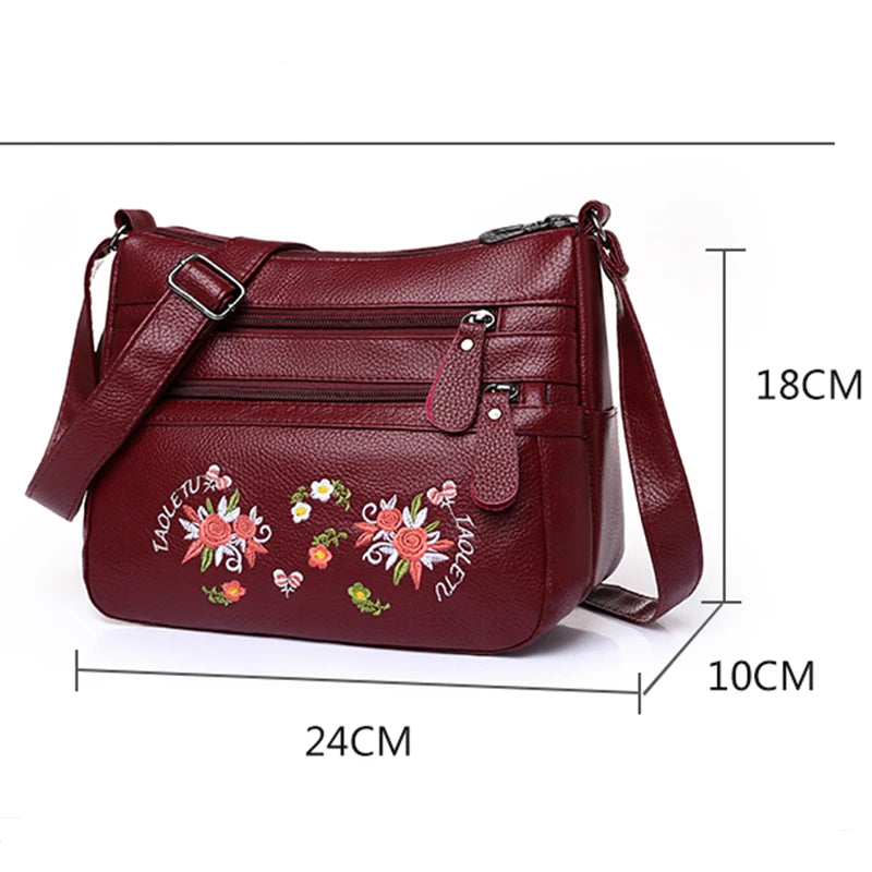 Vintage Embroidery Crossbody Bag PU Leather Shoulder Bag for Women