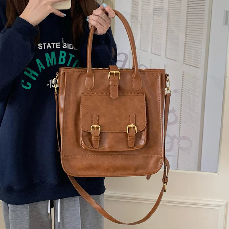 Retro Women's Tote Bag Large Capacity Soft Leather Shoulder Bag