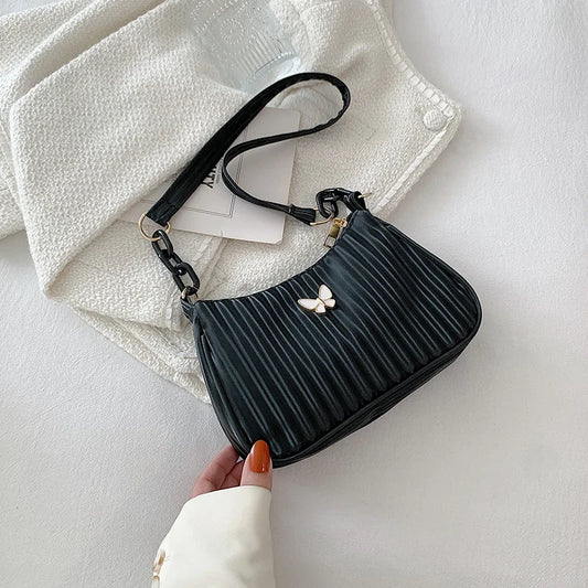 Retro Women's Shoulder Underarm Bags Solid Butterfly Stripe Handbag Casual Half
