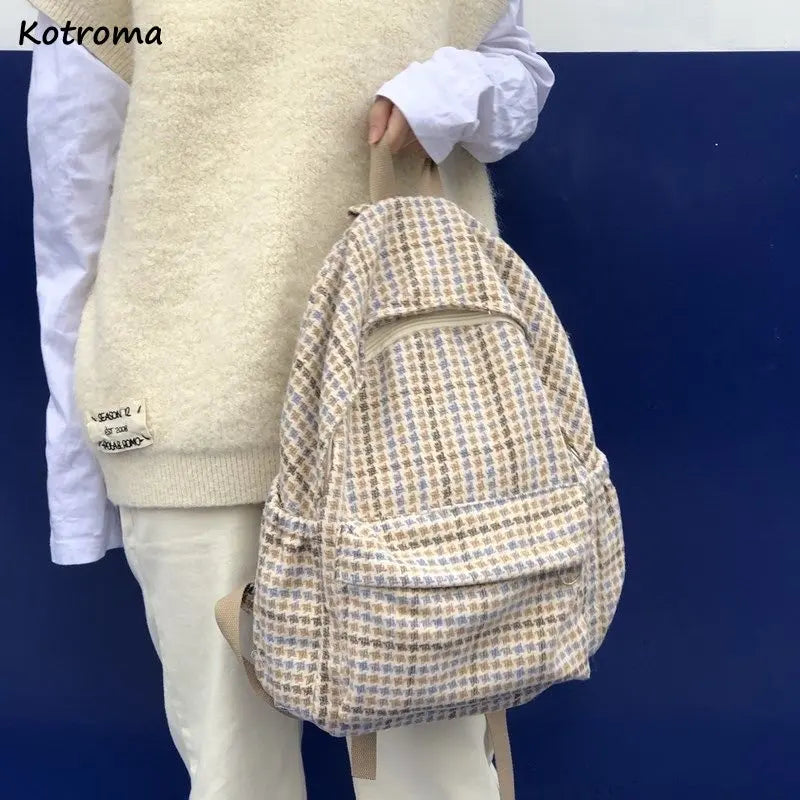 Woolen Houndstooth Backpack Large Capacity School Student Backpack I