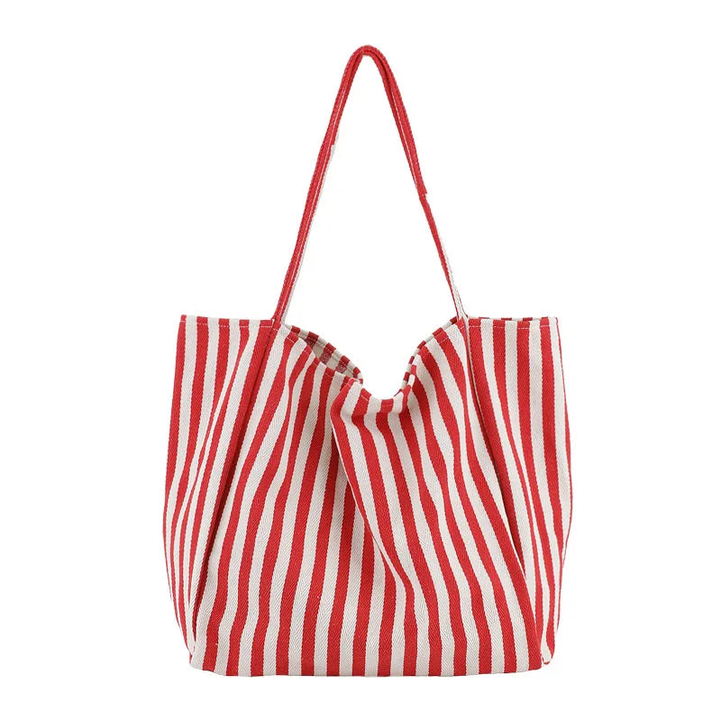 Striped Canvas Tote Bag for Women, Casual Shoulder Bag, Retro Art Handbag