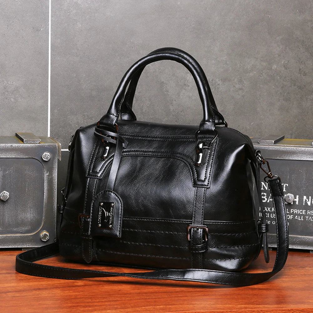 Vintage Wax Leather Shoulder Bag for Women