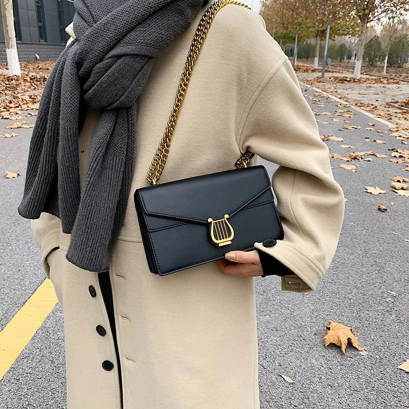 Retro Square Bag Women High Lock Handbag PU Shoulder Crossbody