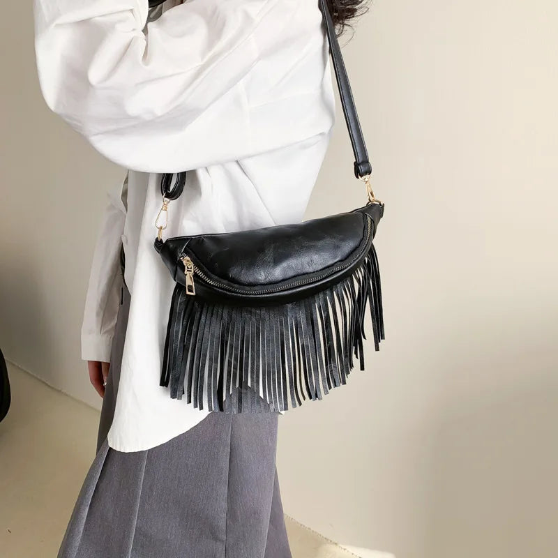 Retro Tassel Messenger Bag for Women Spring PU Leather Shoulder Bag