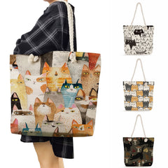 Cartoon Cat Print Eco Storage Handbag Polyester Shoulder Bag
