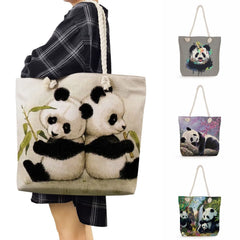 Foldable Animal Panda Women Shoulder Bag Linen Tote Classic Style