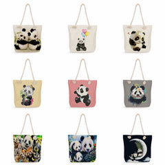 Foldable Animal Panda Women Shoulder Bag Linen Tote Classic Style