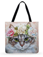 Cat In Flower Printed Tote Bag Ladies Shoulder Bag Linen Fabric