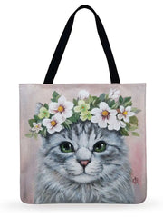 Cat In Flower Printed Tote Bag Ladies Shoulder Bag Linen Fabric