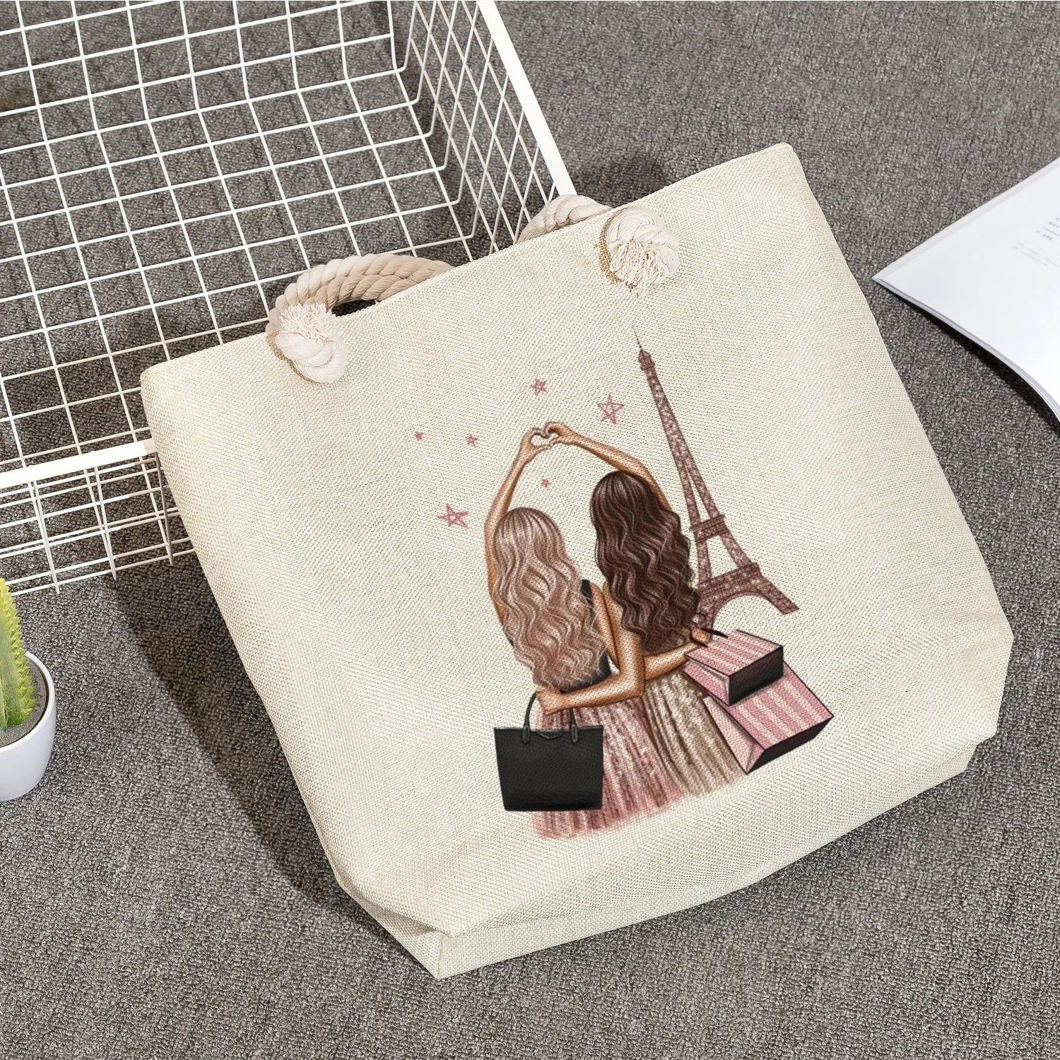 Cartoon Girlfriends Sisters Print Tote Bag for Women Casual Handbags