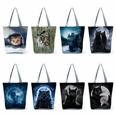 Reusable Starry Sky Cat Handle Tote Bag Eco Shopping Bag With Zipper