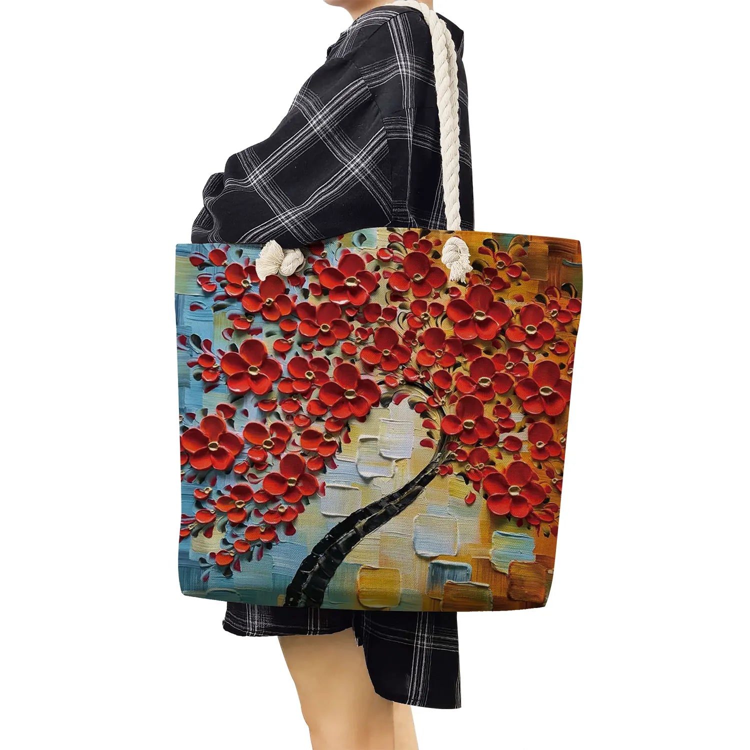 Thick Rope Shopping Bag Cherry Blossom Oil Paint Tote
