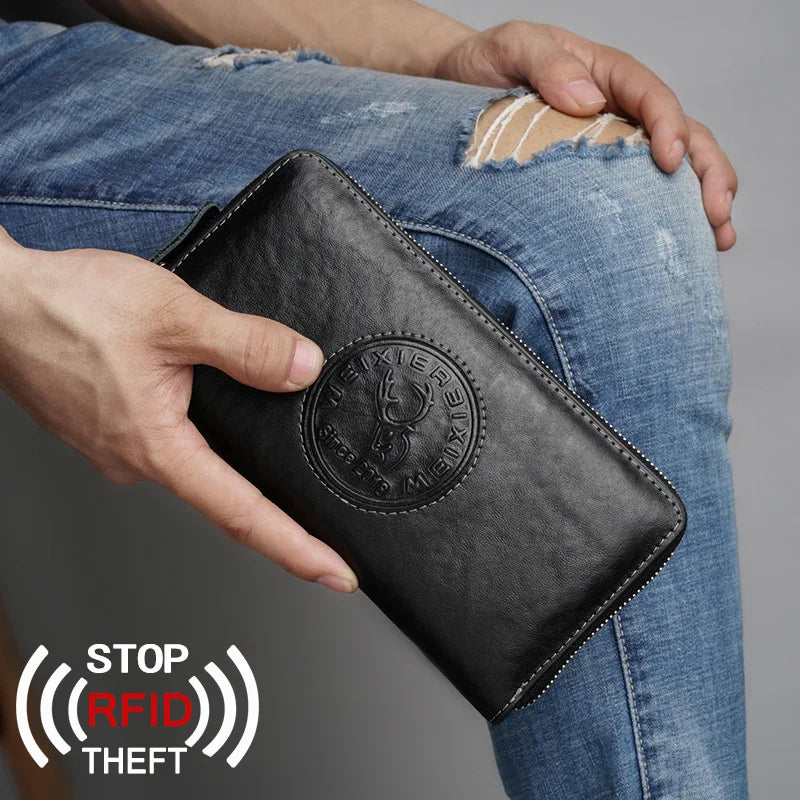 RFID Leather Men Wallet Long Business Clutch Hand Bag Phone Purse