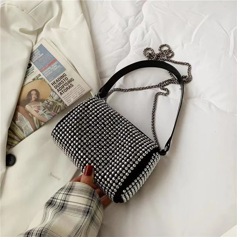 Square Crossbody Bag with Rhinestone Decoration and Wide Shoulder Strap