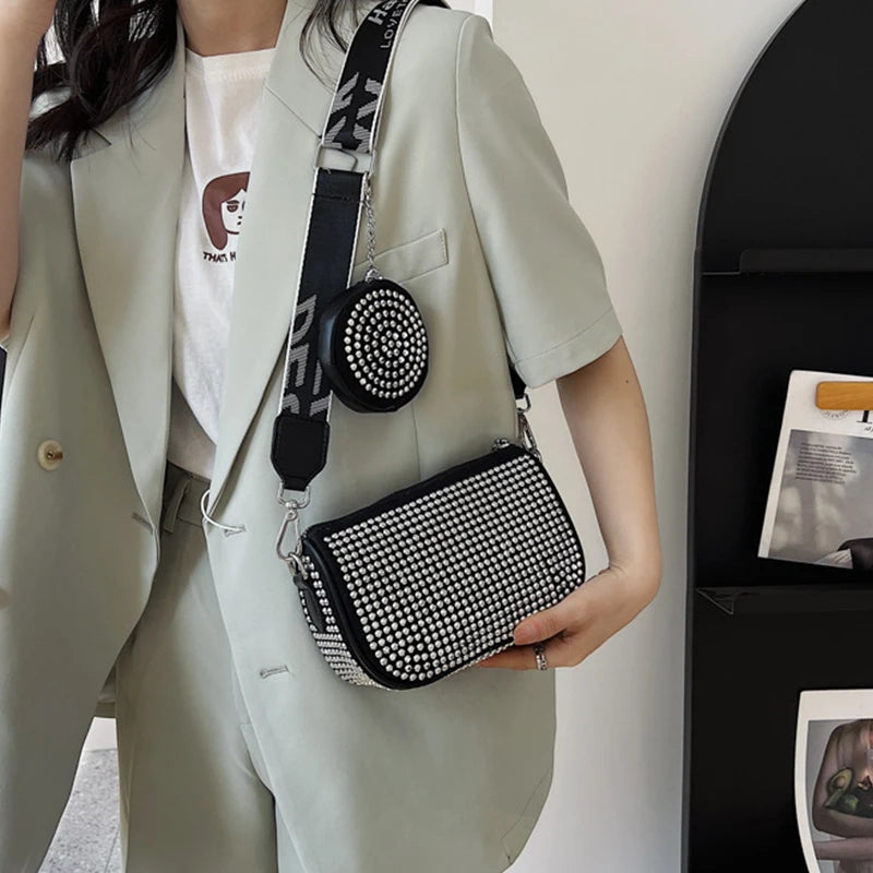 Square Crossbody Bag with Rhinestone Decoration and Wide Shoulder Strap
