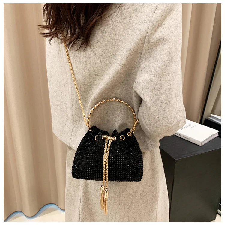Sparkling Rhinestone Drawstring Bucket Evening Handbag Purse