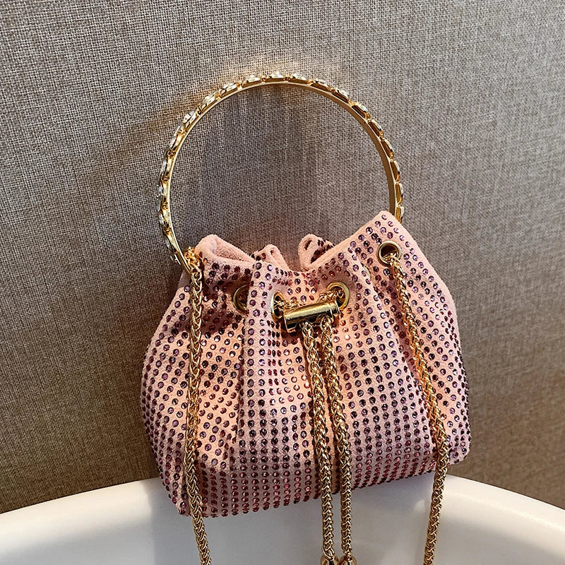Sparkling Rhinestone Drawstring Bucket Evening Handbag Purse