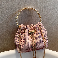 Sparkling Rhinestone Drawstring Bucket Evening Handbag Purse