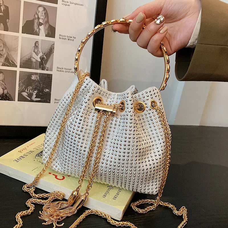 Sparkling Rhinestone Drawstring Bucket Evening Handbag Purse