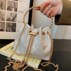 Sparkling Rhinestone Drawstring Bucket Evening Handbag Purse