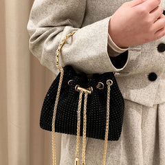 Sparkling Rhinestone Drawstring Bucket Evening Handbag Purse