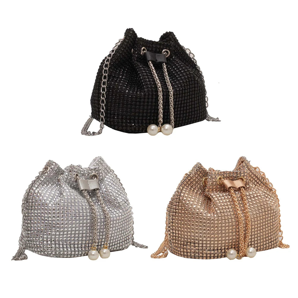 Rhinestone Chain Crossbody Bucket Messenger Handbag for Women