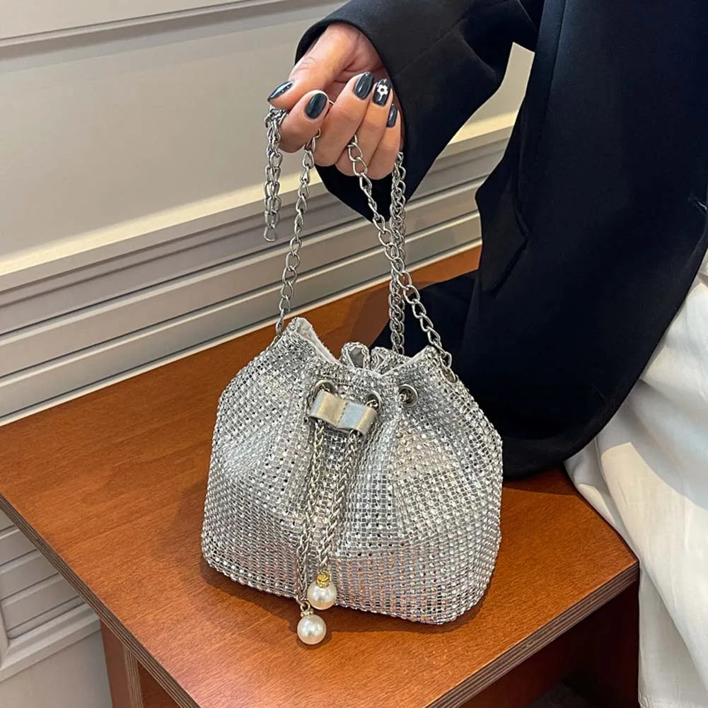 Rhinestone Chain Crossbody Bucket Messenger Handbag for Women