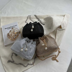 Rhinestone Chain Crossbody Bucket Messenger Handbag for Women