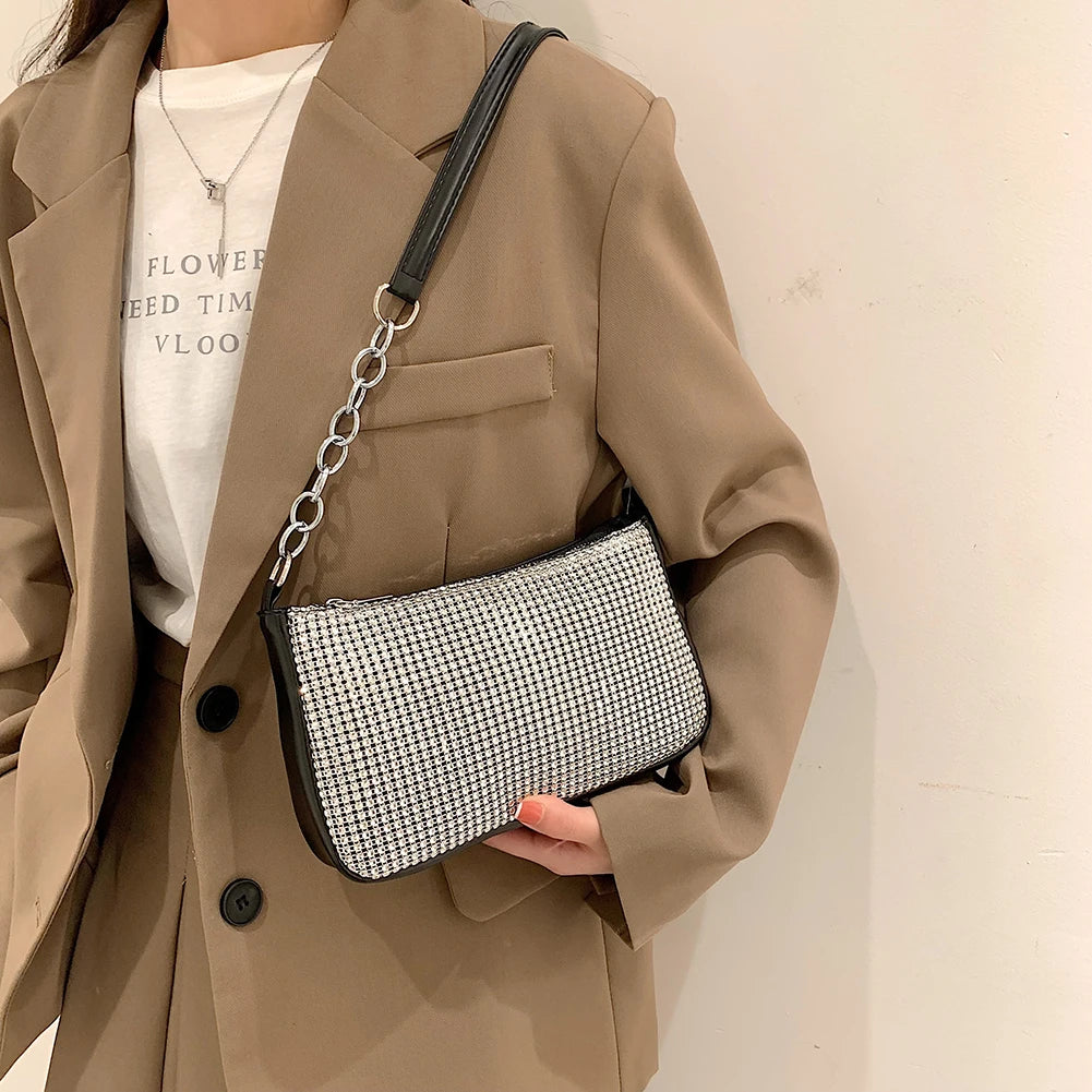 Rhinestones Shoulder Clutch Bag for Women PU Leather Evening Bag