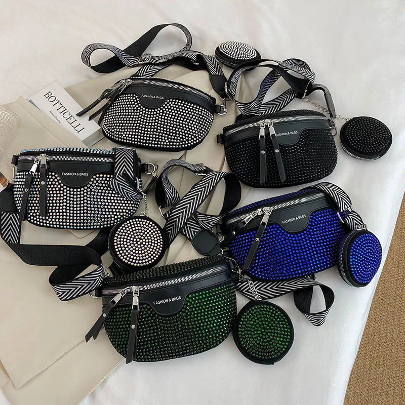 Rhinestones Small Fanny Pack Women Waist Pack Shoulder Crossbody Phone Purses