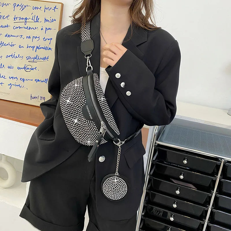 Rhinestones Small Fanny Pack Women Waist Pack Shoulder Crossbody Phone Purses