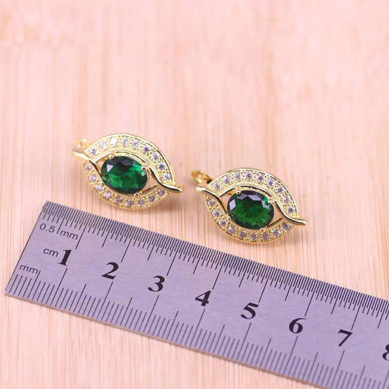 Green Stone Eye Square 18K Rose Jewelry Set With Bracelet
