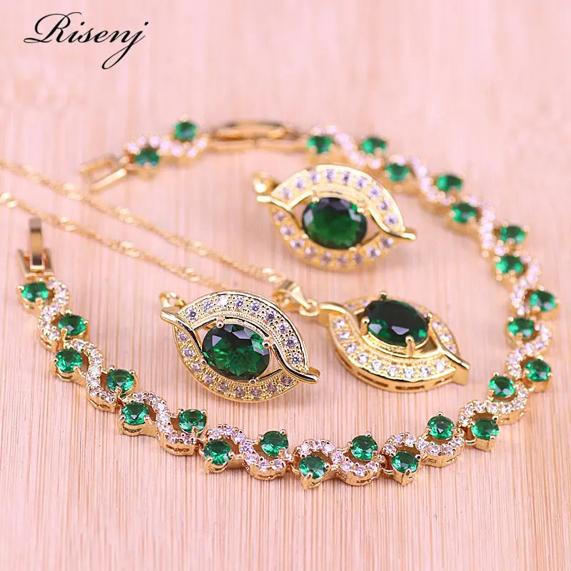 Green Stone Eye Square 18K Rose Jewelry Set With Bracelet
