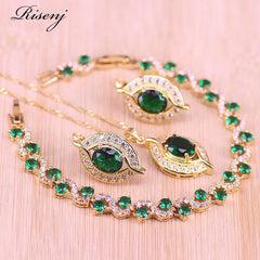 Green Stone Eye Square 18K Rose Jewelry Set With Bracelet