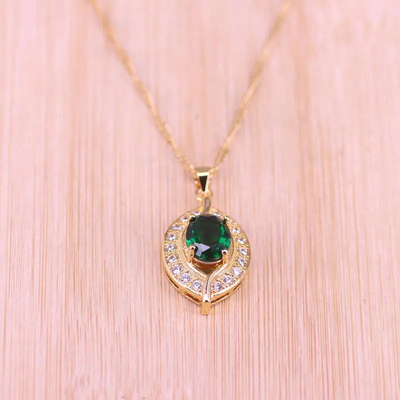 Green Stone Eye Square 18K Rose Jewelry Set With Bracelet