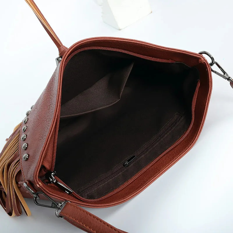 Rivet Fringe Tassel Bag PU Leather Women's Handbags Purses Women Shoulder Crossb